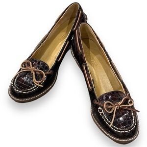 Sperry Top-Sider Size 7.5 Brown Leather Croc Embossed Boat Shoe Wedge Slip-on